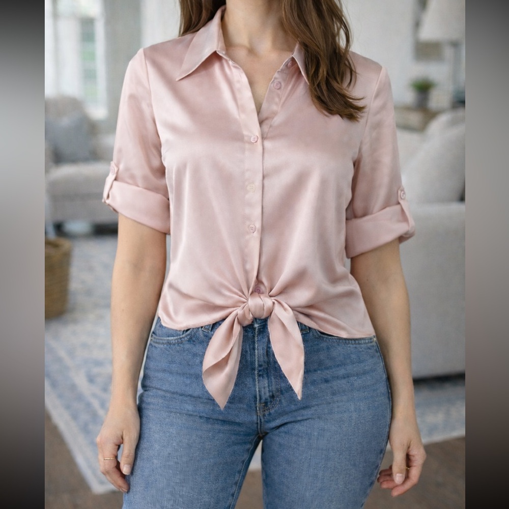 Finley Blush Silk Button-Down Shirt Size Small
